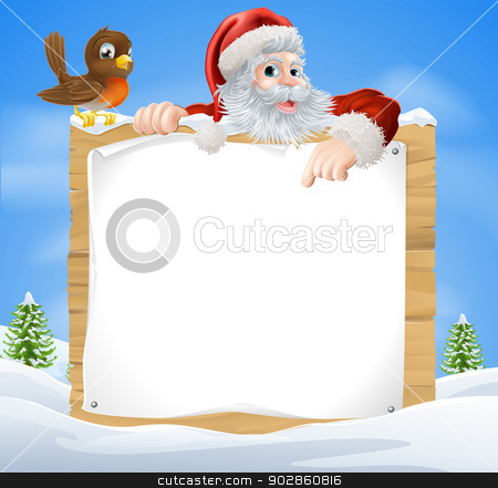 To use this stock image in your creative project, please select the size you need over to the right and click the "Add to Cart" button.
Your downloaded image will come with the Cutcaster watermark removed so don’t worry about the watermark you see on this page. Christmas Snow Scene Santa Sign stock vector clipart, A Christmas snow scene with Santa Claus and a cute cartoon Robin above a wooden sign by Christos Georghiou