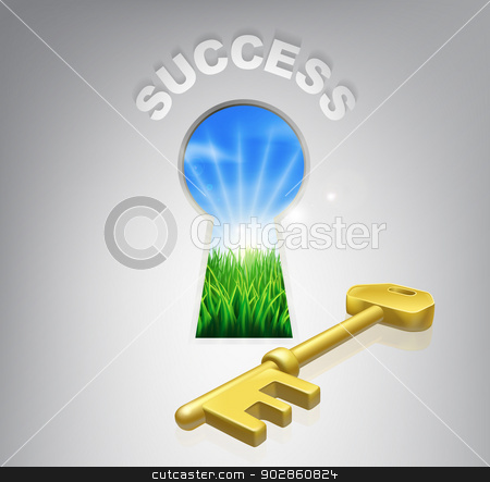 To use this stock image in your creative project, please select the size you need over to the right and click the "Add to Cart" button.
Your downloaded image will come with the Cutcaster watermark removed so don’t worry about the watermark you see on this page. Key to Success stock vector clipart, Key to success conceptual illustration of an idyllic sunrise over fields seen through a keyhole with a golden key and success sign over it, could also relate to blue sky thinking or thinking outside the box. by Christos Georghiou