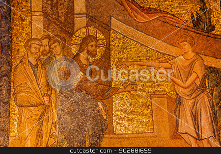 To use this stock image in your creative project, please select the size you need over to the right and click the "Add to Cart" button.
Your downloaded image will come with the Cutcaster watermark removed so don’t worry about the watermark you see on this page. Jesus Miracle Mosaic stock photo, Healing Story Mosaic in Istanbul Chora Church by Scott Griessel