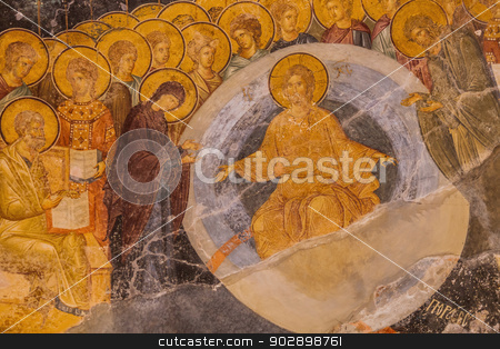 To use this stock image in your creative project, please select the size you need over to the right and click the "Add to Cart" button.
Your downloaded image will come with the Cutcaster watermark removed so don’t worry about the watermark you see on this page. Chora Church Mural Detail stock photo, Jesus and Mary Ceiling Mural at Chora Church by Scott Griessel