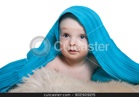 To use this stock image in your creative project, please select the size you need over to the right and click the "Add to Cart" button.
Your downloaded image will come with the Cutcaster watermark removed so don’t worry about the watermark you see on this page. Little baby boy stock photo, Little baby boy, lying naked on woolen fleece, on his head is blue blanket, on a white background by Marian Bauer