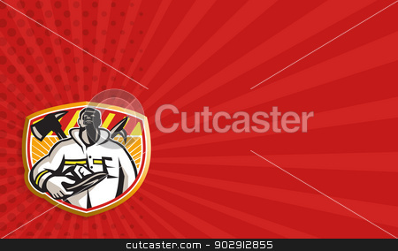 To use this stock image in your creative project, please select the size you need over to the right and click the "Add to Cart" button.
Your downloaded image will come with the Cutcaster watermark removed so don’t worry about the watermark you see on this page. Fireman Firefighter Axe Hook Pike Pole stock photo, Business card template showing illustration of a fireman fire fighter emergency worker looking up holding visor helmet with fire axe and hook pike pole crossed set inside shield done in retro style. by patrimonio