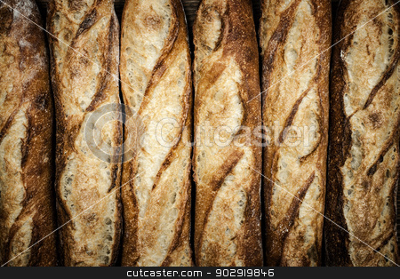 To use this stock image in your creative project, please select the size you need over to the right and click the "Add to Cart" button.
Your downloaded image will come with the Cutcaster watermark removed so don’t worry about the watermark you see on this page. Baguettes stock photo, Fresh artisan baguette bread loaves in a row by Elena Elisseeva