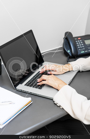 To use this stock image in your creative project, please select the size you need over to the right and click the "Add to Cart" button.
Your downloaded image will come with the Cutcaster watermark removed so don’t worry about the watermark you see on this page. Hands typing on laptop keyboard stock photo, Female hands typing on laptop keyboard at office desk by Elena Elisseeva