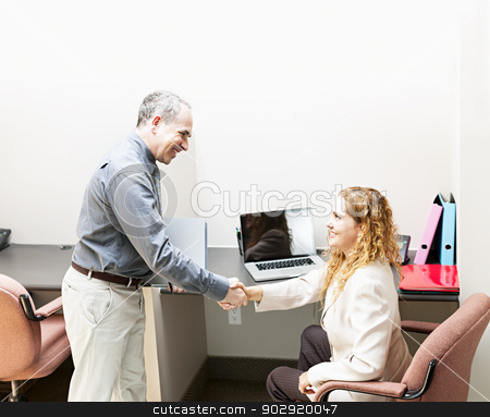 To use this stock image in your creative project, please select the size you need over to the right and click the "Add to Cart" button.
Your downloaded image will come with the Cutcaster watermark removed so don’t worry about the watermark you see on this page. Man and woman shaking hands in office stock photo, Man and woman meeting in office shaking hands by Elena Elisseeva