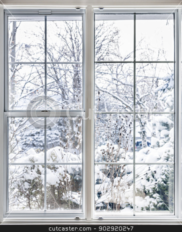 To use this stock image in your creative project, please select the size you need over to the right and click the "Add to Cart" button.
Your downloaded image will come with the Cutcaster watermark removed so don’t worry about the watermark you see on this page. Winter view through window stock photo, Home vinyl insulated windows with winter view of snowy trees and plants by Elena Elisseeva