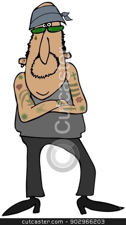 To use this stock image in your creative project, please select the size you need over to the right and click the "Add to Cart" button.
Your downloaded image will come with the Cutcaster watermark removed so don’t worry about the watermark you see on this page. Gangbanger stock photo, This illustration depicts a man with lots of tattoos wearing a bandana with his arms folded in a defiant stance. by Dennis Cox