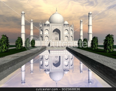 To use this stock image in your creative project, please select the size you need over to the right and click the "Add to Cart" button.
Your downloaded image will come with the Cutcaster watermark removed so don’t worry about the watermark you see on this page. Taj Mahal mausoleum, Agra, India - 3D render stock photo, Famous Taj Mahal mausoleum and nature around by sunset, Agra, India by Elenarts