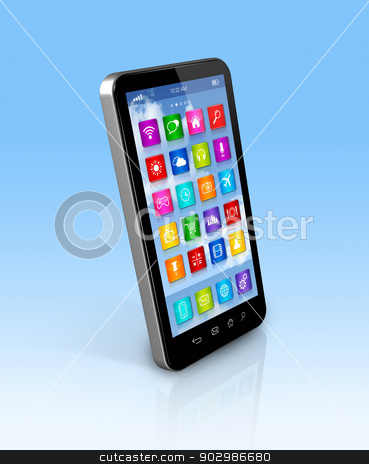 To use this stock image in your creative project, please select the size you need over to the right and click the "Add to Cart" button.
Your downloaded image will come with the Cutcaster watermark removed so don’t worry about the watermark you see on this page. Smartphone Touchscreen HD - apps icons interface stock photo, 3D smartphone, mobile phone - apps icons interface - isolated with clipping path by Laurent Davoust