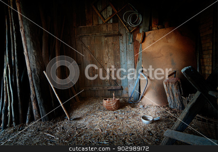 To use this stock image in your creative project, please select the size you need over to the right and click the "Add to Cart" button.
Your downloaded image will come with the Cutcaster watermark removed so don’t worry about the watermark you see on this page. Old Barn stock photo, Old barn with a lot of tools and equipment by Tiramisu Studio