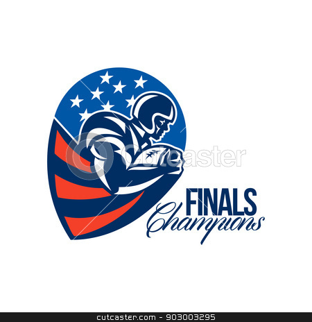 To use this stock image in your creative project, please select the size you need over to the right and click the "Add to Cart" button.
Your downloaded image will come with the Cutcaster watermark removed so don’t worry about the watermark you see on this page. American Football Finals Champions Retro stock photo, Illustration of an american football gridiron rushing running back player running with ball facing side set inside shield shape done in retro style with words Finals Champions. by patrimonio