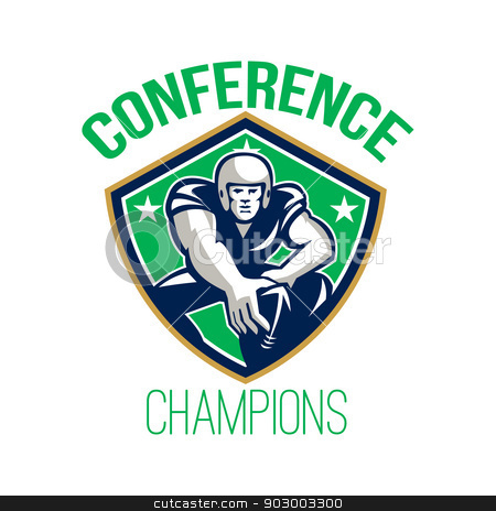 To use this stock image in your creative project, please select the size you need over to the right and click the "Add to Cart" button.
Your downloaded image will come with the Cutcaster watermark removed so don’t worry about the watermark you see on this page. American Football Snap Conference Champions stock photo, Illustration of an american football gridiron player center with hand on ball ready to snap facing front set inside crest shield with stars done in retro style with words Conference Champions. by patrimonio