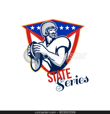 To use this stock image in your creative project, please select the size you need over to the right and click the "Add to Cart" button.
Your downloaded image will come with the Cutcaster watermark removed so don’t worry about the watermark you see on this page. American Football Quarterback State Series stock photo, Illustration of an american football gridiron quarterback player throwing ball facing side set inside crest shield with stars and stripes flag done in retro style with words State Series. by patrimonio