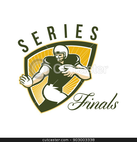 To use this stock image in your creative project, please select the size you need over to the right and click the "Add to Cart" button.
Your downloaded image will come with the Cutcaster watermark removed so don’t worry about the watermark you see on this page. American Football Series Finals Shield stock photo, Illustration of an american football gridiron running back player running with ball facing front done in retro style set inside shield with words Series Finals. by patrimonio