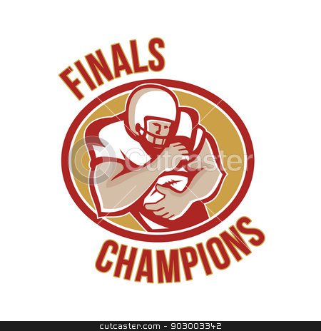 To use this stock image in your creative project, please select the size you need over to the right and click the "Add to Cart" button.
Your downloaded image will come with the Cutcaster watermark removed so don’t worry about the watermark you see on this page. American Football Running Back Finals Champions stock photo, Illustration of an american football gridiron running back player running with ball facing front fending set inside shield done in retro style with words Finals Champions. by patrimonio