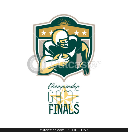 To use this stock image in your creative project, please select the size you need over to the right and click the "Add to Cart" button.
Your downloaded image will come with the Cutcaster watermark removed so don’t worry about the watermark you see on this page. American Football Championship Game Finals QB stock photo, Illustration of an american football gridiron wide receiver running back player running with ball facing side set inside shield with stars done in retro style with words Championship Game Finals. by patrimonio
