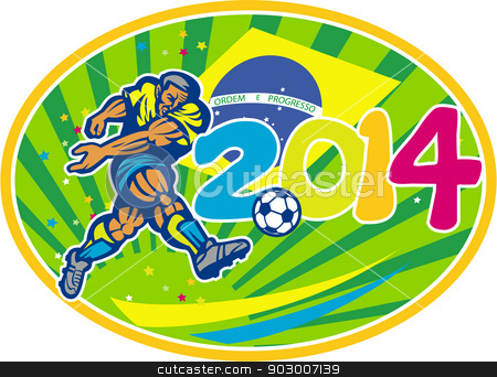 To use this stock image in your creative project, please select the size you need over to the right and click the "Add to Cart" button.
Your downloaded image will come with the Cutcaster watermark removed so don’t worry about the watermark you see on this page. Brazil 2014 Soccer Football Player Kicking Ball stock vector clipart, Illustration of a Brazil football player kicking soccer ball with Brazilian flag in background with numbers 2014 set inside oval done in retro style. by patrimonio