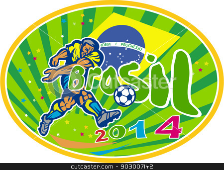 To use this stock image in your creative project, please select the size you need over to the right and click the "Add to Cart" button.
Your downloaded image will come with the Cutcaster watermark removed so don’t worry about the watermark you see on this page. Brasil 2014 Soccer Football Player Oval Retro stock vector clipart, Illustration of a Brazil football player kicking soccer ball with Brazilian flag in background with words Brasil 2014 done in retro style. by patrimonio