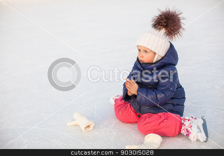 To use this stock image in your creative project, please select the size you need over to the right and click the "Add to Cart" button.
Your downloaded image will come with the Cutcaster watermark removed so don’t worry about the watermark you see on this page. Little adorable girl sitting on ice with skates after the fall stock photo, Little adorable girl sitting on the ice with skates after the fall by Dmitry Travnikov