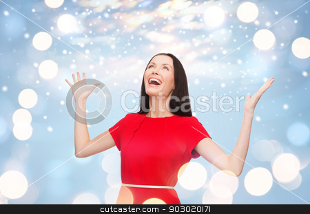 To use this stock image in your creative project, please select the size you need over to the right and click the "Add to Cart" button.
Your downloaded image will come with the Cutcaster watermark removed so don’t worry about the watermark you see on this page. smiling young woman in red dress with hands up stock photo, happiness and people concept - smiling young woman in red dress with hands up by Syda Productions