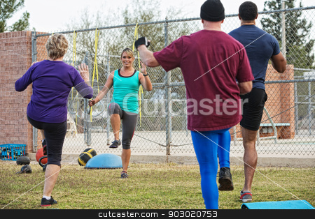 To use this stock image in your creative project, please select the size you need over to the right and click the "Add to Cart" button.
Your downloaded image will come with the Cutcaster watermark removed so don’t worry about the watermark you see on this page. Woman Leading Four Adults in Exercise stock photo, Active adults with instructor performing boot camp exercises by Scott Griessel