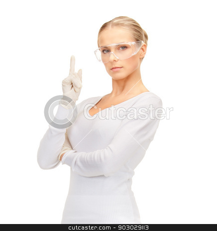 To use this stock image in your creative project, please select the size you need over to the right and click the "Add to Cart" button.
Your downloaded image will come with the Cutcaster watermark removed so don’t worry about the watermark you see on this page. woman in protective glasses and gloves stock photo, healthcare and medical concept - woman in protective glasses and gloves by Syda Productions