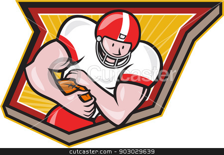 To use this stock image in your creative project, please select the size you need over to the right and click the "Add to Cart" button.
Your downloaded image will come with the Cutcaster watermark removed so don’t worry about the watermark you see on this page. American Football Running Back Run Shield Cartoon stock vector clipart, Illustration of an american football gridiron running back player running with ball facing front fending set inside shield done in retro style. by patrimonio