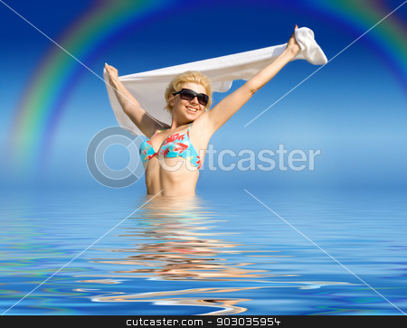 To use this stock image in your creative project, please select the size you need over to the right and click the "Add to Cart" button.
Your downloaded image will come with the Cutcaster watermark removed so don’t worry about the watermark you see on this page. happy girl with towel standing in water stock photo, picture of happy girl with towel standing in water by Syda Productions