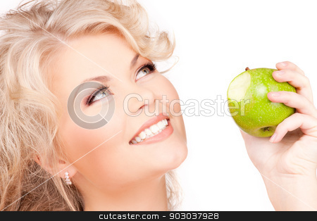 To use this stock image in your creative project, please select the size you need over to the right and click the "Add to Cart" button.
Your downloaded image will come with the Cutcaster watermark removed so don’t worry about the watermark you see on this page. young beautiful woman with green apple stock photo, picture of young beautiful woman with green apple by Syda Productions