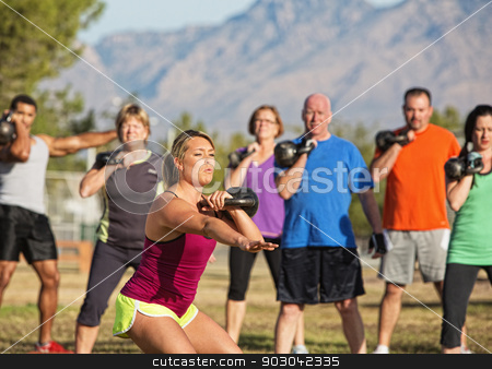 To use this stock image in your creative project, please select the size you need over to the right and click the "Add to Cart" button.
Your downloaded image will come with the Cutcaster watermark removed so don’t worry about the watermark you see on this page. Mixed Group of People Exercising stock photo, Mixed group of people working out near mountains by Scott Griessel