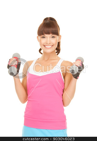To use this stock image in your creative project, please select the size you need over to the right and click the "Add to Cart" button.
Your downloaded image will come with the Cutcaster watermark removed so don’t worry about the watermark you see on this page. fitness instructor with dumbbells stock photo, lovely fitness instructor with dumbbells over white by Syda Productions