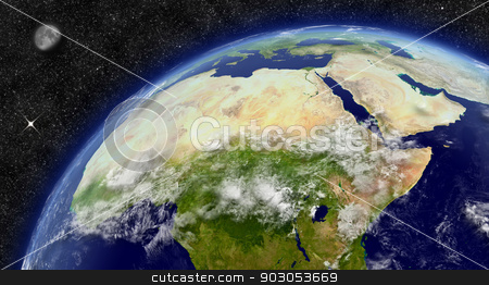 To use this stock image in your creative project, please select the size you need over to the right and click the "Add to Cart" button.
Your downloaded image will come with the Cutcaster watermark removed so don’t worry about the watermark you see on this page. North Africa on planet Earth stock photo, North Africa region on planet Earth from space with Moon and stars in the background. Elements of this image furnished by NASA. by Harvepino