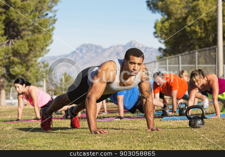 To use this stock image in your creative project, please select the size you need over to the right and click the "Add to Cart" button.
Your downloaded image will come with the Cutcaster watermark removed so don’t worry about the watermark you see on this page. People Working Out Near Mountains stock photo, Muscular instructor and group exercising near mountains by Scott Griessel