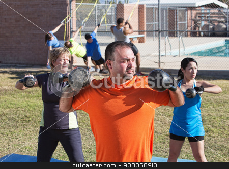To use this stock image in your creative project, please select the size you need over to the right and click the "Add to Cart" button.
Your downloaded image will come with the Cutcaster watermark removed so don’t worry about the watermark you see on this page. Three Adults Exercising Outdoors stock photo, Three mature adults exercising in outdoor boot camp by Scott Griessel