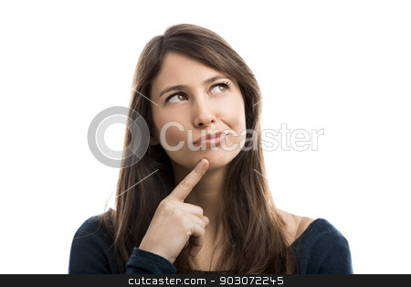 To use this stock image in your creative project, please select the size you need over to the right and click the "Add to Cart" button.
Your downloaded image will come with the Cutcaster watermark removed so don’t worry about the watermark you see on this page. Thinking stock photo, Beautiful woman isolated over a white background thinking on something by ikostudio