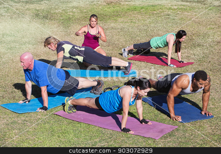 To use this stock image in your creative project, please select the size you need over to the right and click the "Add to Cart" button.
Your downloaded image will come with the Cutcaster watermark removed so don’t worry about the watermark you see on this page. Mixed Group Exercising Outdoors stock photo, Mixed group of people doing push ups outdoors by Scott Griessel