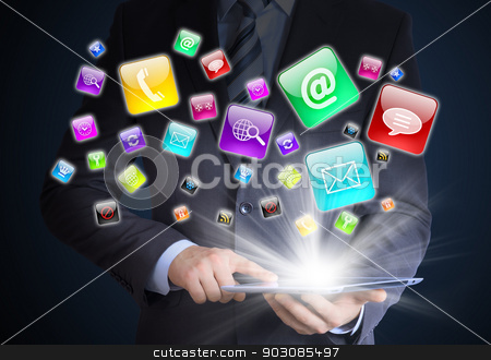 To use this stock image in your creative project, please select the size you need over to the right and click the "Add to Cart" button.
Your downloaded image will come with the Cutcaster watermark removed so don’t worry about the watermark you see on this page. Man in suit holding tablet pc stock photo, Man in suit holding tablet pc and application icons in hand. The concept of software by cherezoff