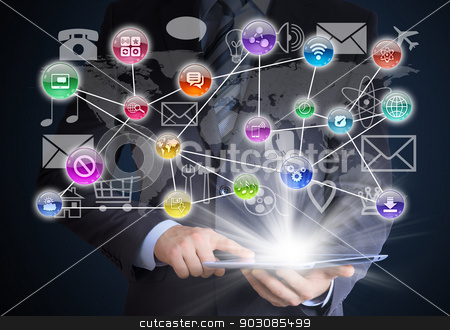 To use this stock image in your creative project, please select the size you need over to the right and click the "Add to Cart" button.
Your downloaded image will come with the Cutcaster watermark removed so don’t worry about the watermark you see on this page. Man in suit holding tablet pc stock photo, Man in suit holding tablet pc and application icons in hand. The concept of software by cherezoff