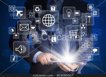 To use this stock image in your creative project, please select the size you need over to the right and click the "Add to Cart" button.
Your downloaded image will come with the Cutcaster watermark removed so don’t worry about the watermark you see on this page. Man in suit holding tablet pc stock photo, Man in suit holding tablet pc and application icons in hand. The concept of software by cherezoff