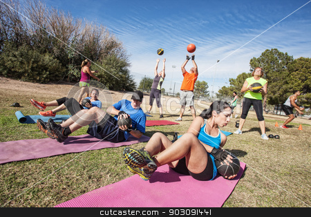 To use this stock image in your creative project, please select the size you need over to the right and click the "Add to Cart" button.
Your downloaded image will come with the Cutcaster watermark removed so don’t worry about the watermark you see on this page. Outdoor Bootcamp Fitness Class stock photo, Group of mature adults working out in fitness class by Scott Griessel