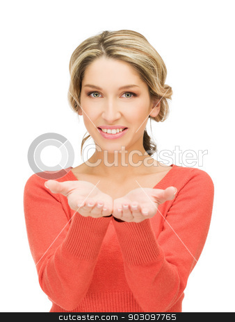 To use this stock image in your creative project, please select the size you need over to the right and click the "Add to Cart" button.
Your downloaded image will come with the Cutcaster watermark removed so don’t worry about the watermark you see on this page. something on the palms stock photo, smiling woman showing something on the palms of her hands by Syda Productions