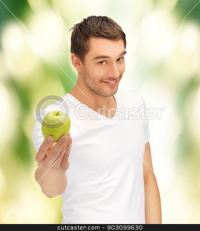 To use this stock image in your creative project, please select the size you need over to the right and click the "Add to Cart" button.
Your downloaded image will come with the Cutcaster watermark removed so don’t worry about the watermark you see on this page. man in white shirt with green apple stock photo, handsome man in white shirt with green apple by Syda Productions