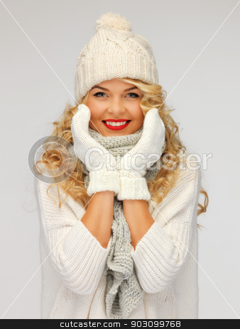 To use this stock image in your creative project, please select the size you need over to the right and click the "Add to Cart" button.
Your downloaded image will come with the Cutcaster watermark removed so don’t worry about the watermark you see on this page. beautiful woman in hat, muffler and mittens stock photo, bright picture of beautiful woman in hat, muffler and mittens.. by Syda Productions