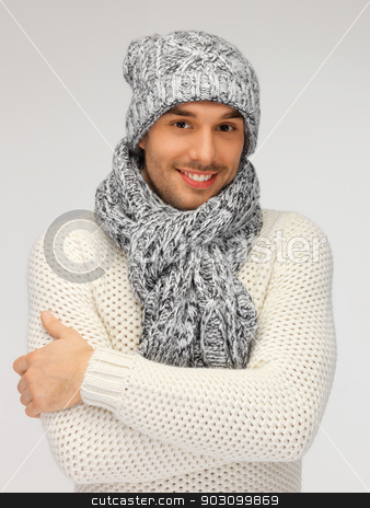 To use this stock image in your creative project, please select the size you need over to the right and click the "Add to Cart" button.
Your downloaded image will come with the Cutcaster watermark removed so don’t worry about the watermark you see on this page. handsome man in warm sweater, hat and scarf stock photo, picture of handsome man in warm sweater, hat and scarf. by Syda Productions