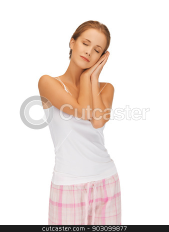 To use this stock image in your creative project, please select the size you need over to the right and click the "Add to Cart" button.
Your downloaded image will come with the Cutcaster watermark removed so don’t worry about the watermark you see on this page. woman in cotton pajamas with closed eyes stock photo, bright picture of woman in cotton pajamas with closed eyes by Syda Productions
