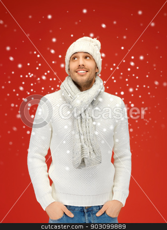 To use this stock image in your creative project, please select the size you need over to the right and click the "Add to Cart" button.
Your downloaded image will come with the Cutcaster watermark removed so don’t worry about the watermark you see on this page. handsome man in warm sweater, hat and scarf stock photo, picture of handsome man in warm sweater, hat and scarf. by Syda Productions