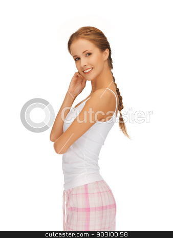 To use this stock image in your creative project, please select the size you need over to the right and click the "Add to Cart" button.
Your downloaded image will come with the Cutcaster watermark removed so don’t worry about the watermark you see on this page. happy and smiling woman in cotton pajamas stock photo, bright picture of happy and smiling woman in cotton pajamas by Syda Productions