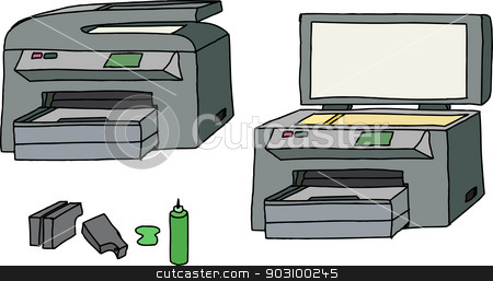 To use this stock image in your creative project, please select the size you need over to the right and click the "Add to Cart" button.
Your downloaded image will come with the Cutcaster watermark removed so don’t worry about the watermark you see on this page. All In One Printer stock vector clipart, All-in-one printer, scanner, copier with ink cartridges by Eric Basir