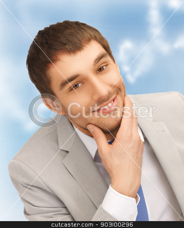 To use this stock image in your creative project, please select the size you need over to the right and click the "Add to Cart" button.
Your downloaded image will come with the Cutcaster watermark removed so don’t worry about the watermark you see on this page. happy businessman stock photo, bright closeup portrait picture of happy businessman by Syda Productions