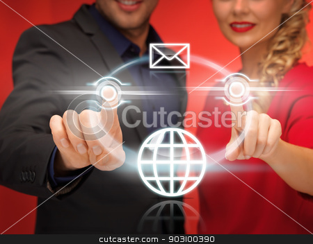 To use this stock image in your creative project, please select the size you need over to the right and click the "Add to Cart" button.
Your downloaded image will come with the Cutcaster watermark removed so don’t worry about the watermark you see on this page. man and woman pressing virtual button stock photo, bright picture of man and woman pressing virtual button by Syda Productions